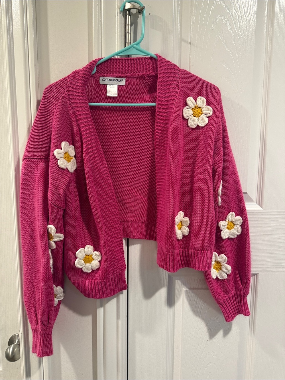 Cotton Emporium Hot Pink Daisy Appliqué Open Cardigan
